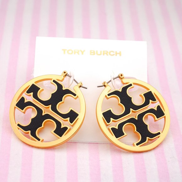 Tory Burch Miller Hoop Leather Inlay Earrings in Black - Brand New